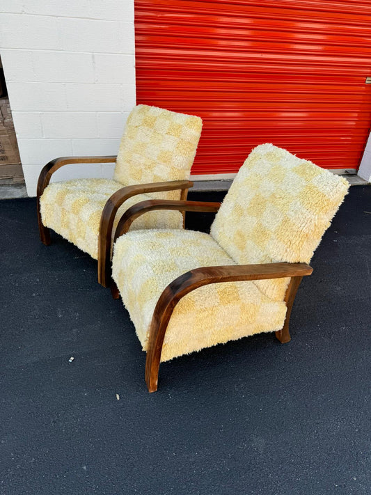 Set of 2 Mid century armchair - Retro lounge chair - modern chair - relax vintage style chair - Handmade walnut wood and checkered rug chair